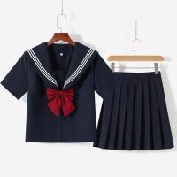Polyester Slim Women Sailor Suit patchwork Solid Navy Blue Set