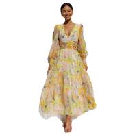 Polyester long style One-piece Dress large hem design & deep V printed PC