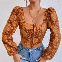 Polyester Waist-controlled Women Long Sleeve T-shirt backless embroidered floral brown PC