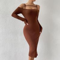 Polyester Step Skirt One-piece Dress backless Solid brown PC