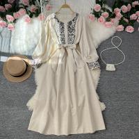 Cotton Linen Waist-controlled One-piece Dress large hem design : PC
