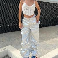 Woven Women Long Trousers & loose patchwork Solid silver PC
