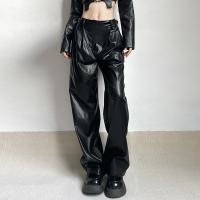 PU Leather Women Long Trousers slimming patchwork Solid black PC