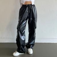 PU Leather Women Long Trousers & loose patchwork Solid black PC
