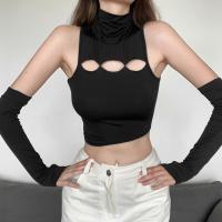 Polyester Crop Top Tank Top with oversleeve patchwork Solid black PC