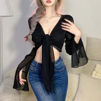 Polyester Crop Top Women Long Sleeve Blouses patchwork Solid black PC