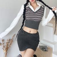Polyester Slim Women Long Sleeve T-shirt knitted gray PC