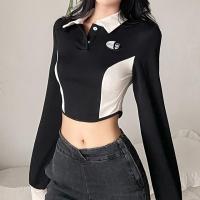 Polyester Slim Women Long Sleeve T-shirt patchwork black PC