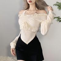 Polyester Slim Women Long Sleeve T-shirt patchwork Solid Apricot PC