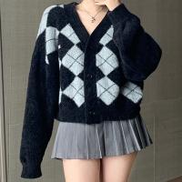 Cotton Sweater Coat & loose patchwork Argyle PC