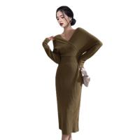 Knitted Waist-controlled Sexy Package Hip Dresses slimming & deep V Solid : PC