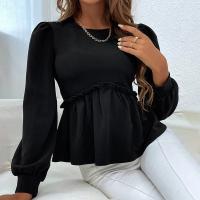 Polyester scallop Women Long Sleeve Blouses Solid black PC