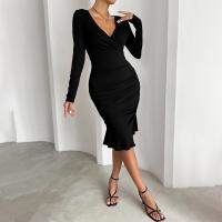 Polyester Slim & High Waist Sexy Package Hip Dresses deep V Solid black PC