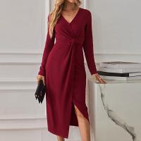 Cotton Slim & front slit Sexy Package Hip Dresses deep V Solid wine red PC