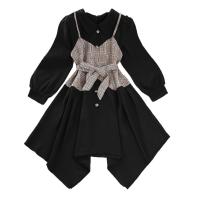 Polyester Slim & Princess Girl One-piece Dress large hem design patchwork two different colored PC