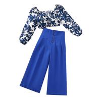 Polyester Slim Girl Clothes Set & two piece Pants & top printed blue Set