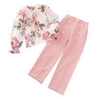Polyester Slim Girl Clothes Set & two piece Pants & top printed multi-colored Set