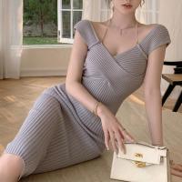 Polyester Slim One-piece Dress backless & off shoulder patchwork Solid : PC