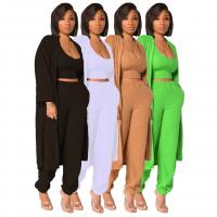 Polyester Women Casual Set & three piece & loose Long Trousers & tank top & coat Solid Set