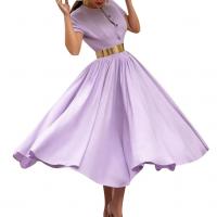 Polyester Waist-controlled One-piece Dress large hem design & with belt Solid PC
