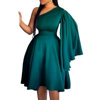 Polyester A-line One-piece Dress mid-long style & off shoulder Solid PC