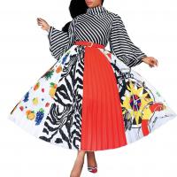 Polyester Waist-controlled & Plus Size & Pleated One-piece Dress printed striped PC
