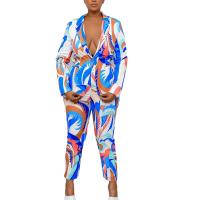 ポリエステル 女性ビジネスパンツスーツ ロングトラウザーズ & コート 印刷 青 セット