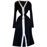 Polyester front slit One-piece Dress mid-long style & slimming knitted Solid black PC