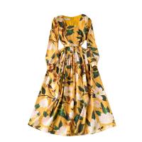Polyester One-piece Dress large hem design & mid-long style & loose printed shivering yellow PC