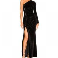 Polyester Long Evening Dress side slit & backless & One Shoulder Solid black PC
