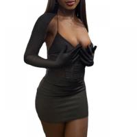 Polyester Slim Sexy Package Hip Dresses deep V Solid black PC