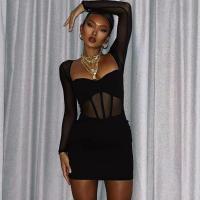 Polyester Slim Sexy Package Hip Dresses see through look Solid black PC