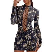 Polyester Women Casual Set & two piece & hollow skirt & top printed black Set