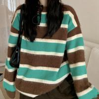Polyester Women Sweater loose knitted striped green : PC