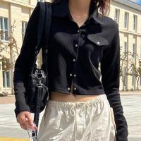 Polyester Slim Women Cardigan knitted Solid black PC
