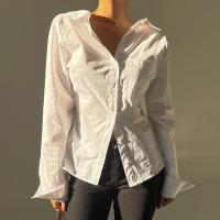 Cotton Women Long Sleeve Shirt & loose patchwork Solid white PC