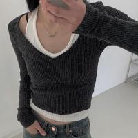 Polyester Women Long Sleeve T-shirt & fake two piece knitted Solid PC