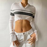 Viscose Fiber Crop Top Women Long Sleeve Blouses knitted striped white PC