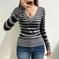 Polyester Slim Women Long Sleeve T-shirt knitted striped black PC