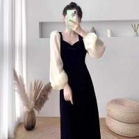 Polyester Waist-controlled One-piece Dress slimming patchwork black PC