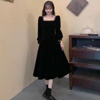 Velour Waist-controlled One-piece Dress slimming Solid black PC