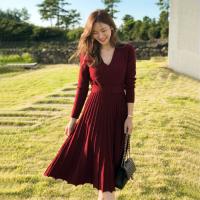 Knitted Waist-controlled One-piece Dress deep V Solid PC