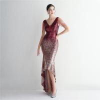 Sequin & Polyester Slim Long Evening Dress deep V PC