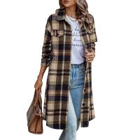 Polyester Women Coat mid-long style & with pocket plaid PC