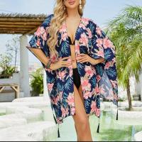 Chiffon Swimming Cover Ups loose printed floral Navy Blue : PC