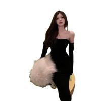 Polyester Slim & High Waist Sexy Package Hip Dresses side slit & backless & off shoulder patchwork Solid : PC