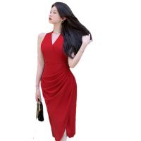 Polyester Slim & front slit Sexy Package Hip Dresses patchwork Solid wine red PC