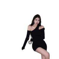 Polyester Slim Sexy Package Hip Dresses off shoulder patchwork Solid black : PC