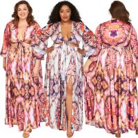 Polyester Plus Size Two-Piece Dress Set deep V & loose printed abstract pattern Set