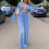 Polyester Women Casual Set & two piece & loose Long Trousers & top Solid Set